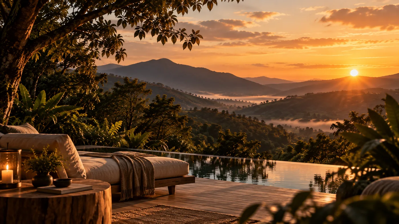Vista panorâmica da Serra da Mantiqueira ao entardecer, Casa Aruá