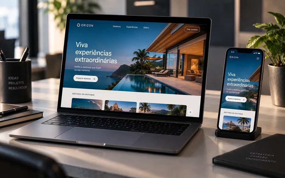Site profissional aberto em notebook e celular