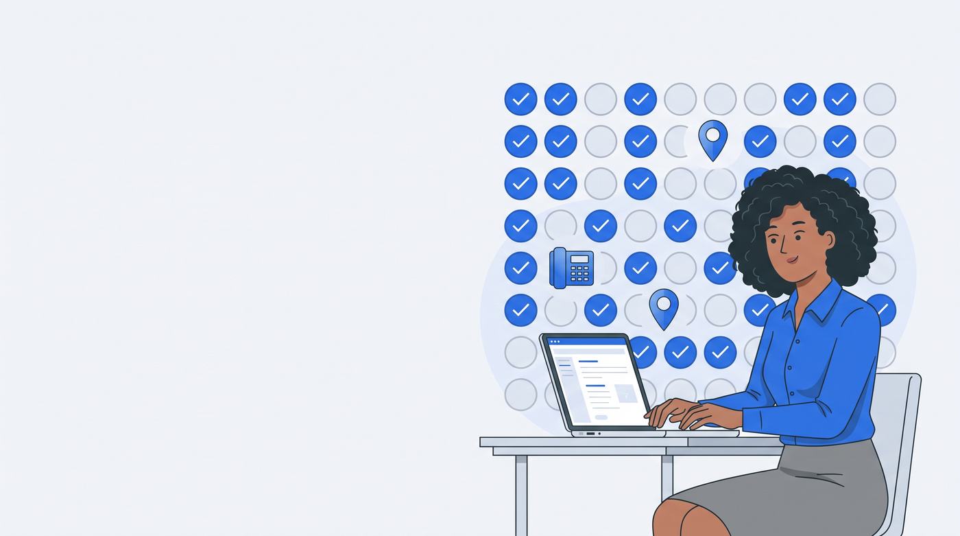 Ilustração de uma pessoa conferindo contatos de empresas, com grade de itens verificados ao fundo